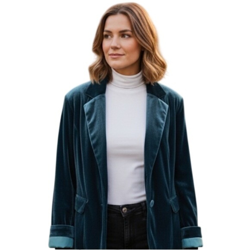 Bedford Fair Womens Velvet Jacket Blazer Corpcore Preppy Old Money Green 16P XLP